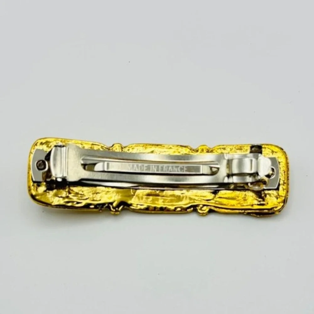 Vintage Made In French Textured Gold Toned Damascene‎ Style Hair Clip Barrette